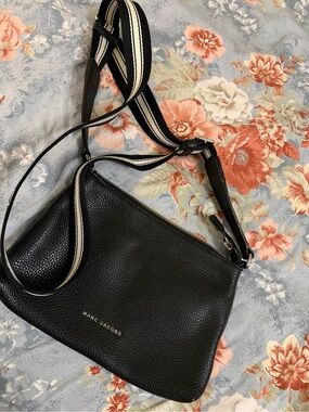 Marc Jacobs Black Pebbled Leather Crossbody with Striped Adjustable Strap